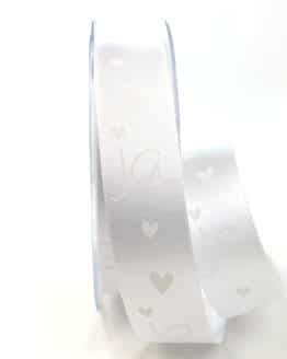 Satinband "JA", weiß-weiß, 25 mm breit - satinband, gemusterte-bander, bedrucktes-satinband, hochzeitsbaender, anlaesse