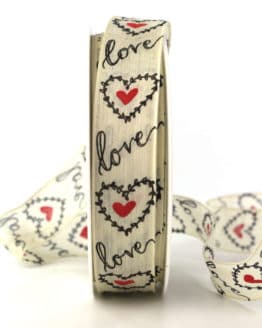Geschenkband "Love" mit Herzen, 25 mm breit - hochzeitsbaender, bedrucktes-satinband, bedruckte-everyday-bander, valentinstag, muttertag