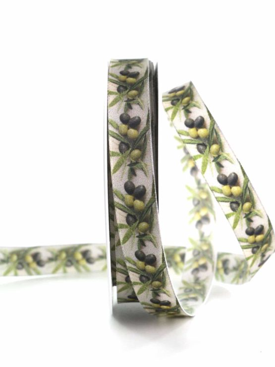 Dekoband Oliven, 15 mm breit - bedruckte-everyday-bander, gemusterte-bander, bedrucktes-satinband, dekobaender, geschenkbaender, dekoband