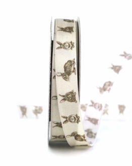 Geschenkband Osterhase, braun, 15 mm breit - osterdeko_2021, gemusterte-bander, bedrucktes-satinband, bedruckte-osterbaender