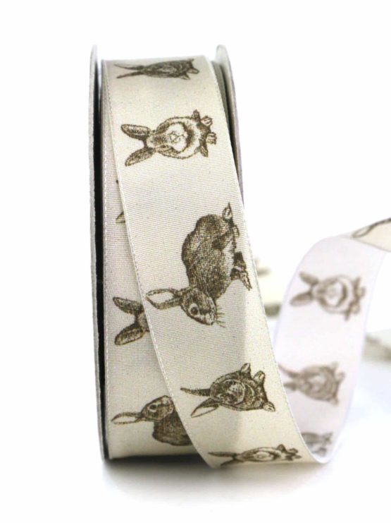 Geschenkband Osterhase, braun, 25 mm breit - gemusterte-bander, bedrucktes-satinband, osterdeko_2021, bedruckte-osterbaender