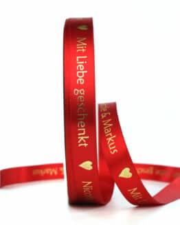 Satinband "Mit Liebe geschenkt" + Ihr Name, rot/gold, 15 mm breit - bedruckte-weihnachtsbander, geschenkbaender, individuelles-band, bedrucktes-satinband, anlaesse