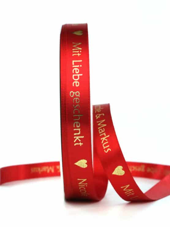 Geschenkband "Mit Liebe geschenkt" + Ihr Name, rot/gold, 15 mm breit - geschenkband-fuer-anlaesse, geschenkbaender, weihnachtsband, personalisierte-baender, geschenkband-weihnachten