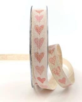 Leinenband mit rosa Herzen, 15 mm breit - hochzeitsbaender, bedrucktes-satinband, bedruckte-everyday-bander, valentinstag, muttertag