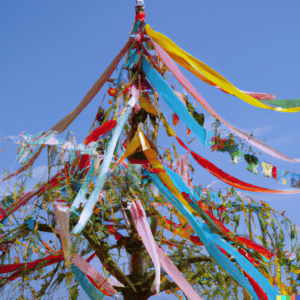 Maibaum-mit-bunten-baendern-geschmueckt -