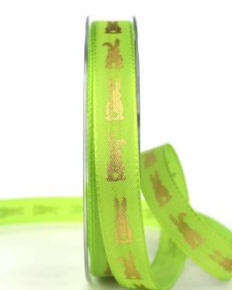 Geschenkband Osterhase, grün, 15 mm breit - gemusterte-bander, bedrucktes-satinband, bedruckte-osterbaender