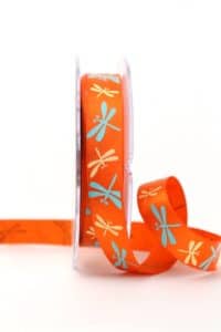 Satinband mit Libellen, orange, 15 mm breit - satinband, sonderangebot, 20-rabatt, bedruckte-everyday-bander, bedrucktes-satinband