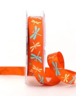 Satinband mit Libellen, orange, 15 mm breit - 20-rabatt, bedruckte-everyday-bander, bedrucktes-satinband, satinband, sonderangebot