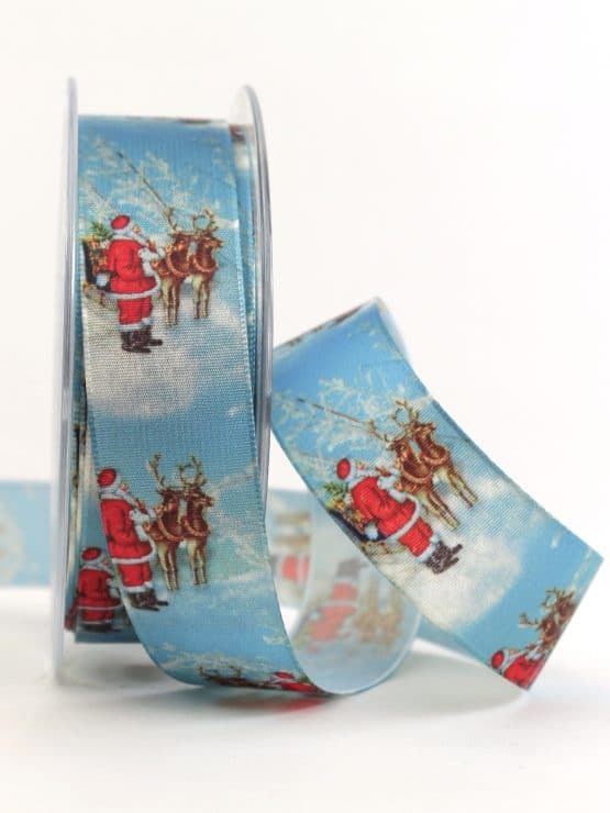 Satinband Nostalgische Weihnacht, blau, 25 mm breit - bedruckte-weihnachtsbander, weihnachtsband, bedrucktes-satinband, satinband
