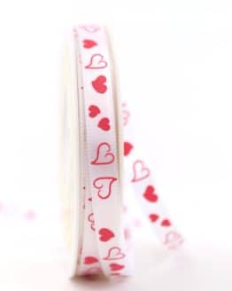 Schmales Satinband mit roten Herzen, 10 mm breit - satinband, bedruckte-everyday-bander, muttertag, valentinstag, bedrucktes-satinband, hochzeitsbaender