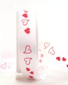 Weißes Satinband mit roten Herzen, 25 mm breit - satinband, hochzeitsbaender, bedrucktes-satinband, bedruckte-everyday-bander, valentinstag, muttertag