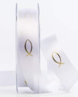 Satinband Fische für Kommunion/Konfirmation, gold, 25 mm breit - kommunion-konfirmation