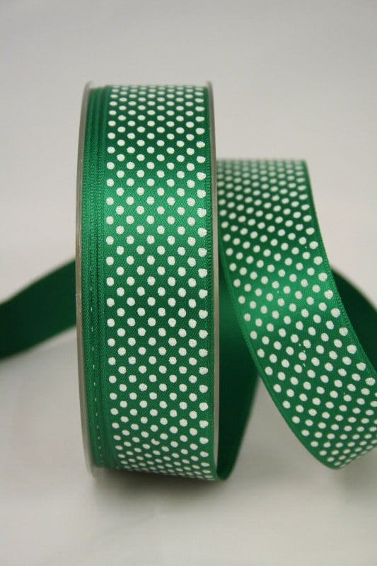 Satinband mit Pünktchen, 25 mm, grün - satinband, bedrucktes-satinband, bedruckte-everyday-bander