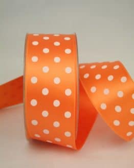 Satinband, 40 mm breit, orange mit weissen Punkten