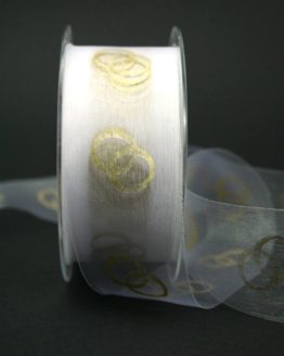 Dekoband weiß mit goldenen Ringen, 40 mm breit - hochzeitsbaender