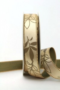 Exclusives zweiseitiges Satinband mit Blättern, hellbraun, 25 mm breit - sonderangebot, satinband, bedrucktes-satinband, bedruckte-everyday-bander, 20-rabatt