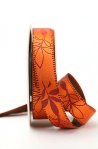 Exclusives zweiseitiges Satinband mit Blättern, orange, 25 mm breit - satinband, sonderangebot, 20-rabatt, bedruckte-everyday-bander, bedrucktes-satinband