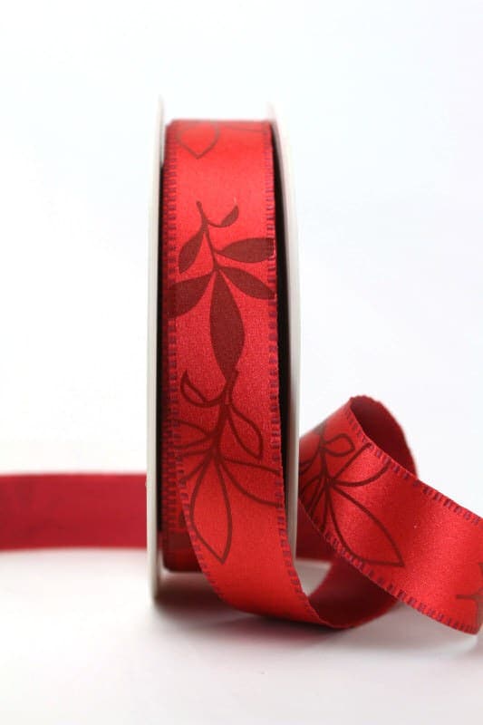 Exclusives zweiseitiges Satinband mit Blättern, rot, 25 mm breit - satinband, sonderangebot, 20-rabatt, bedruckte-everyday-bander, bedrucktes-satinband